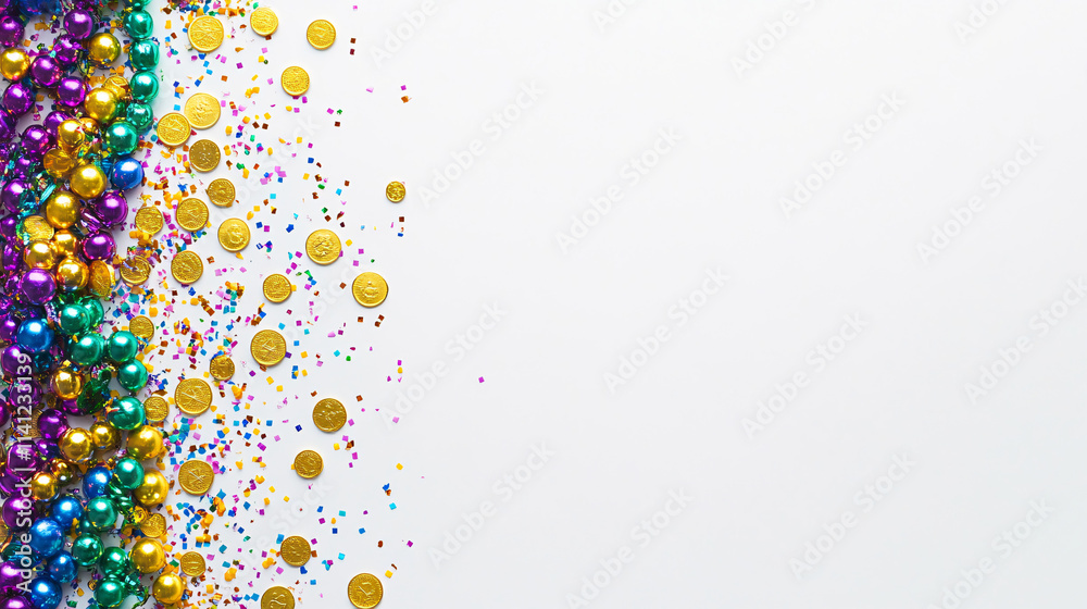 colorful mardi gras beads and gold coins on white background colorful mardi gras beads and gold coins on white background