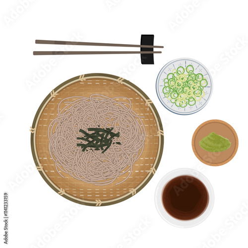 Vector Illustration Logo Clipart Top View Zaru soba on a Bamboo Weave Plate 