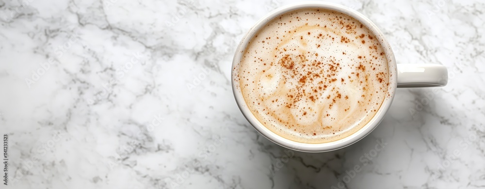 Cup of creamy chai latte topped with cinnamon on marble surface. Top view creamy coffee latte Cup of creamy chai latte topped with cinnamon on marble surface. Top view creamy coffee latte