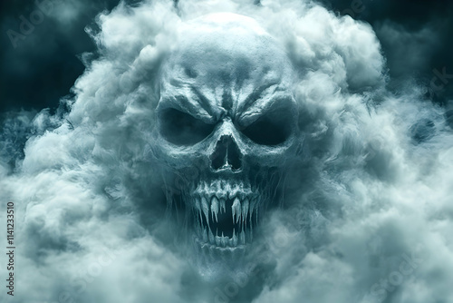 Ghastly Skull Emerging from Eerie Mist, A Spectral Vision of Horror, Dark Fantasy, and Supernatural Terror, Unveiling Death's Grim Embrace. photo