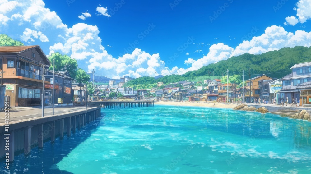 Sunny coastal town with boardwalk, beach, and turquoise water. Sunny coastal town with boardwalk, beach, and turquoise water.