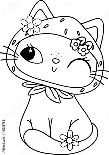 Retro Groovy Cat Face in scarf doodle outline photo