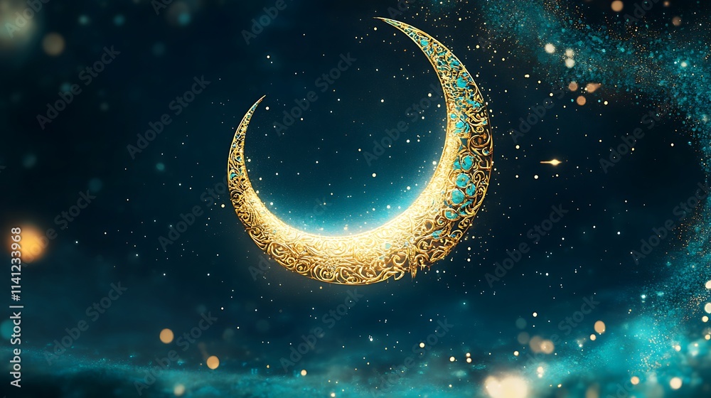 Ornate Golden Crescent Moon Against Dark Teal Night Sky Ornate Golden Crescent Moon Against Dark Teal Night Sky