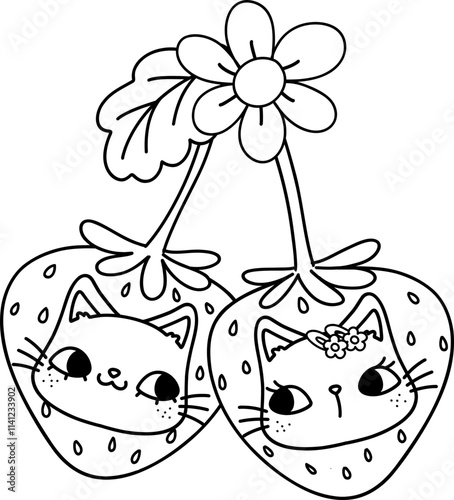 Retro Groovy Cherries cat faces doodle outline photo