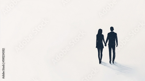 silhouette of a man and woman holding hands walking away on a white background