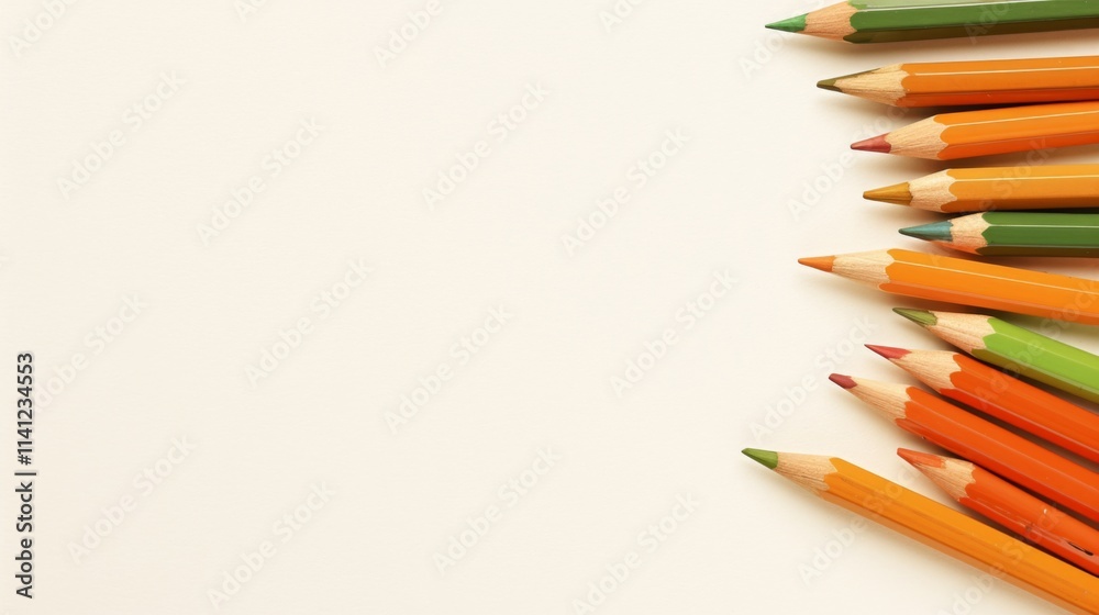 Minimalist design featuring a white background with green, orange, and brown pencils neatly lined up on the right side, leaving the left half blank for copy space or text Minimalist design featuring a white background with green, orange, and brown pencils neatly lined up on the right side, leaving the left half blank for copy space or text