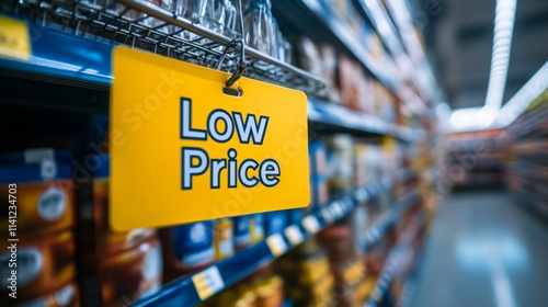 A bright yellow sign in a grocery store aisle announces 