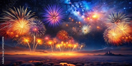 Spectacular Fireworks Display Over a Misty Landscape at Night