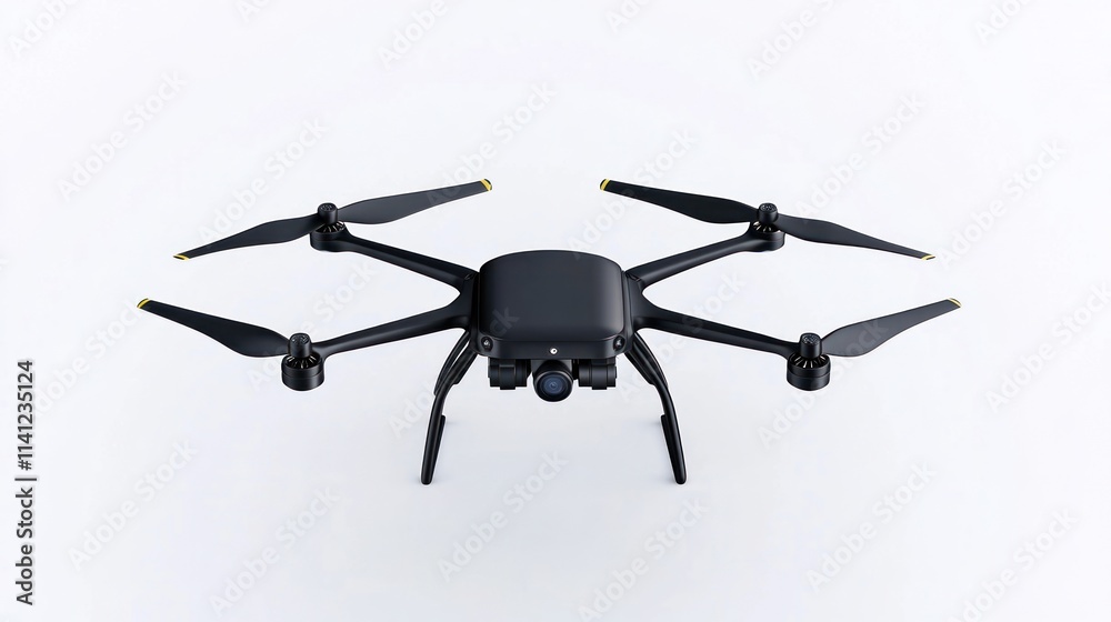 A black quadcopter drone with four propellers and a camera. A black quadcopter drone with four propellers and a camera.