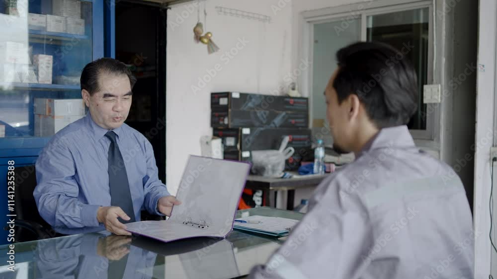 Asian mechanic repairman pass job interview sit in front of Business man answers questions shake hands finish successfully formal meeting at car repair shop, recruitment agency concept Asian mechanic repairman pass job interview sit in front of Business man answers questions shake hands finish successfully formal meeting at car repair shop, recruitment agency concept
