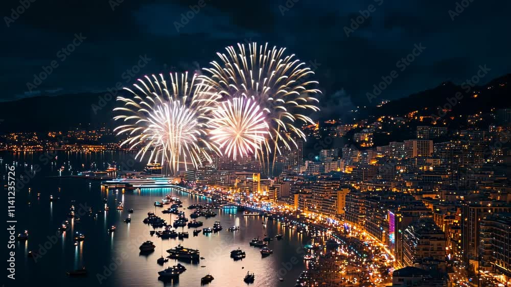 Spectacular Fireworks Display over Monaco's Coastline at Night