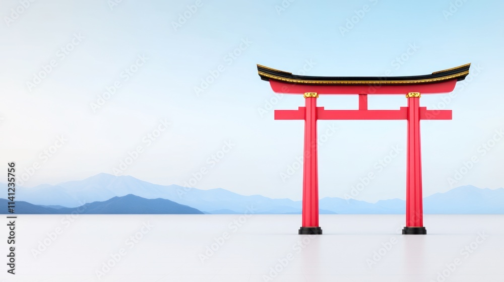 A red torii gate stands against a serene landscape and mountains. A red torii gate stands against a serene landscape and mountains.