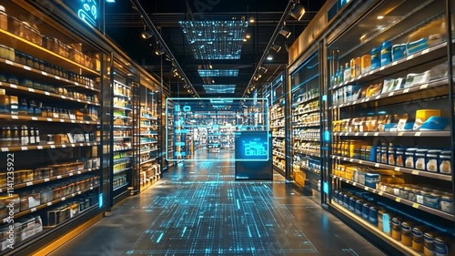 Futuristic bookstore with digital displays and illuminated shelves of books in a modern setting