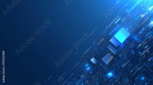 Abstract digital circuit board on a technology blue background, with connected lines and dots forming a motherboard