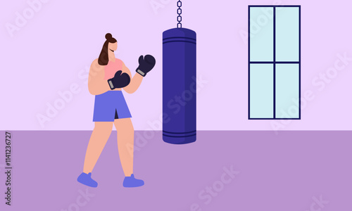 Girl boxer illustration. Woman fights boxing training vector cartoon background with aggressive female fighter