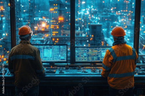 Futuristic Engineers in Vibrant Industrial Control Room with Neon Lights and High Tech Machinery photo