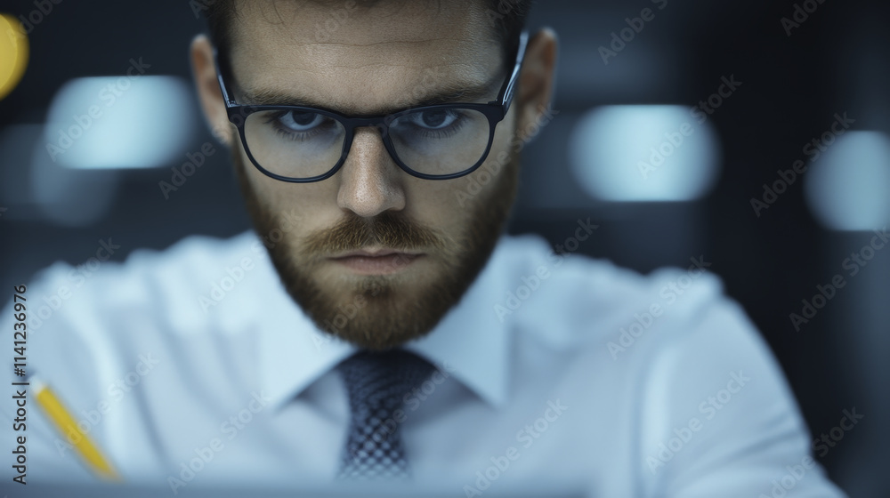 Obraz premium Focused tax accountant analyzing financial documents in office setting, showcasing concentration and professionalism