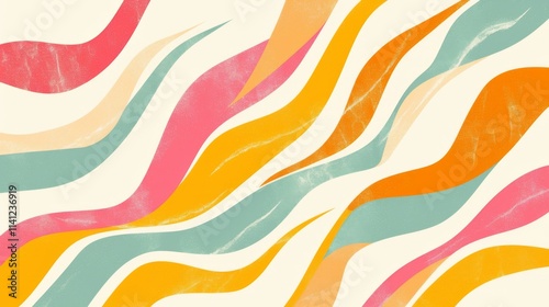 Abstract horizontal background with colorful waves in trendy retro 60s and 70s style, featuring pastel colors