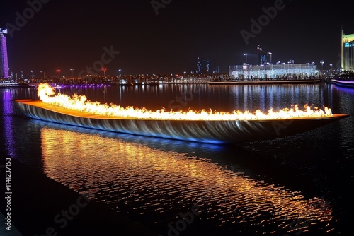 Majestic Fire Boat Illuminates Night Sky with Brilliant Flames Reflected on Water in Vibrant Cityscape Setting photo