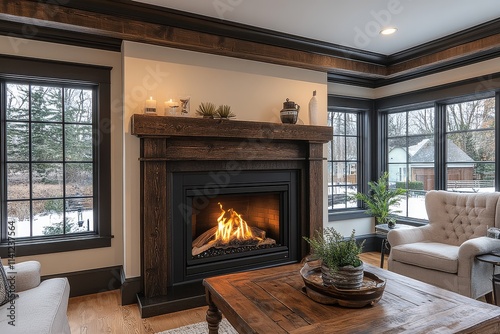 Wallpaper Mural Elegant gas fireplace with dark wood trim, cozy living space with chairs and a table, light cream walls, creating warmth and charm in a home. Torontodigital.ca