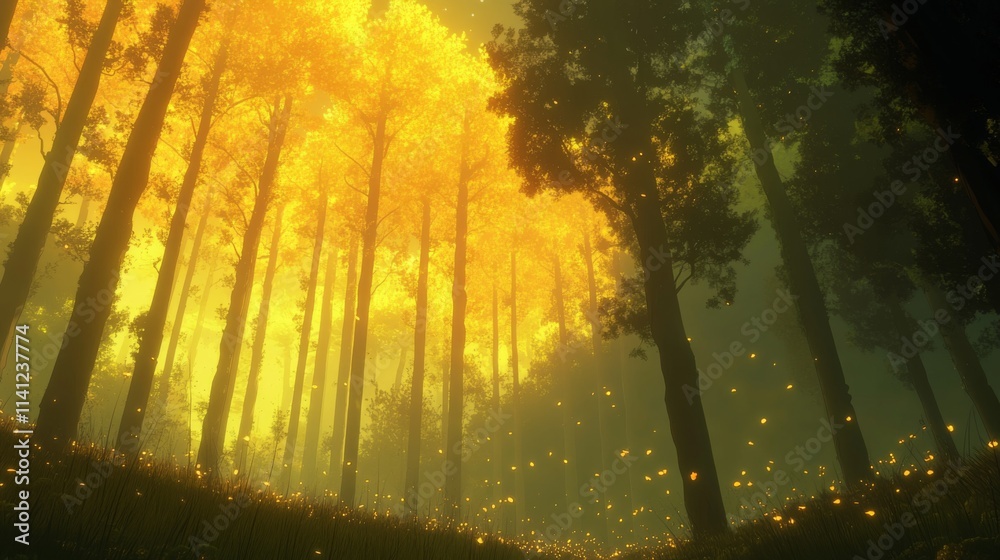 Obraz premium Golden hour light illuminates a mystical forest with glowing fireflies.