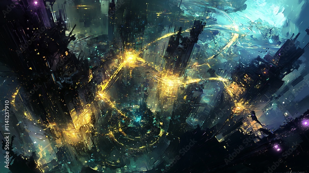 Fototapeta premium Futuristic city at night with glowing energy streams and dark towers.