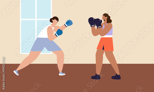 Girl boxer illustration. Woman fights boxing training vector cartoon background with aggressive female fighter