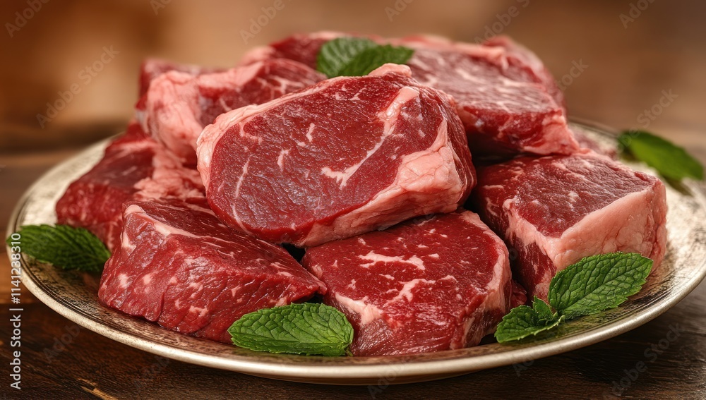 Raw Beef Steaks with Mint Garnish on Silver Plate Raw Beef Steaks with Mint Garnish on Silver Plate