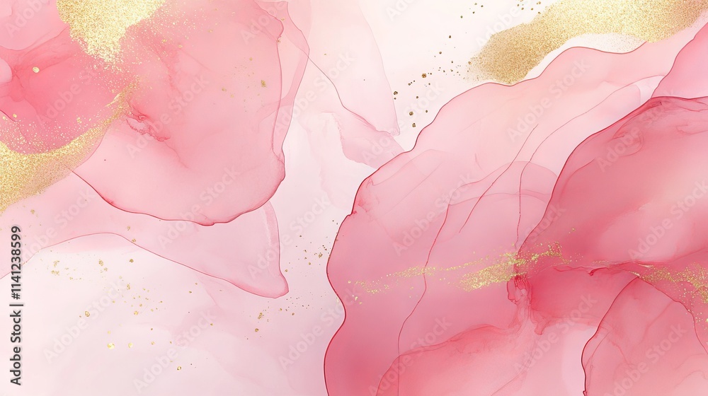 Obraz premium Abstract dusty blush liquid watercolor background with golden accents, soft pastel pink marble alcohol ink effect for elegant wedding invitations