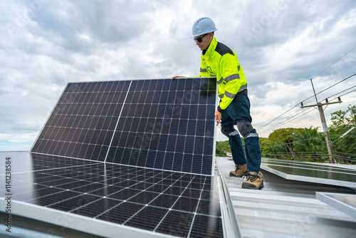Wallpaper Mural A skilled technician adjusts a solar panel on rooftop, emphasizing the transition to sustainable energy. Equipped with safety gear, the worker demonstrates precision in renewable energy installations. Torontodigital.ca