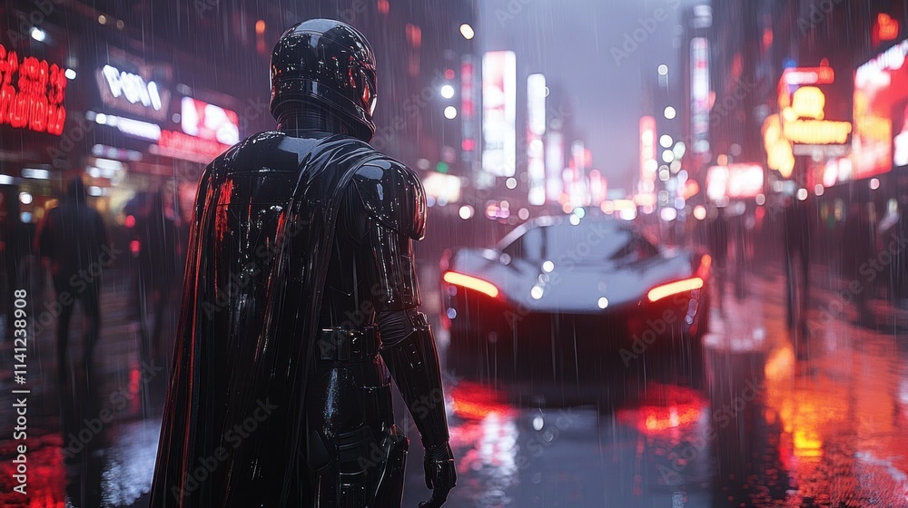 Fototapeta premium A futuristic figure stands in a rainy urban setting, gazing at a sleek vehicle.