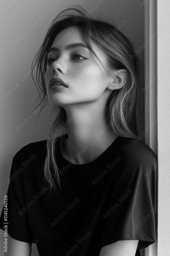 Minimalist Black and White Fashion Portrait of a Blonde Caucasian Female Model in Elegant Monochrome Style Minimalist Black and White Fashion Portrait of a Blonde Caucasian Female Model in Elegant Monochrome Style