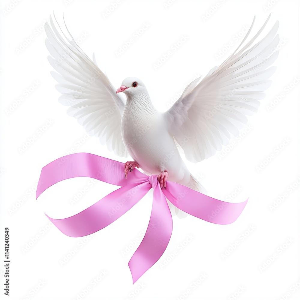 Fototapeta premium Dove carrying awareness ribbon isolated on white background