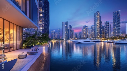Fototapeta Naklejka Na Ścianę i Meble -  Luxury waterfront apartment balcony at sunset, overlooking city skyline and yachts.