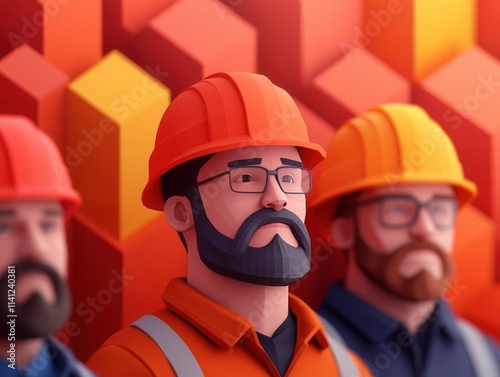 A stylized illustration of three construction workers wearing hard hats, showcasing a vibrant geometric background in shades of orange and red. photo