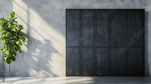 Symmetrical metal lockers lined up in a hallway  offering a simple and organized background for stock photos or visual designs