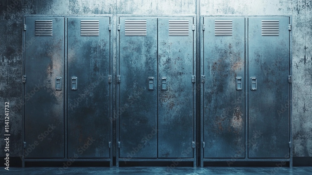 Fototapeta premium Symmetrical metal lockers lined up in a hallway, offering a simple and organized background for stock photos or visual designs