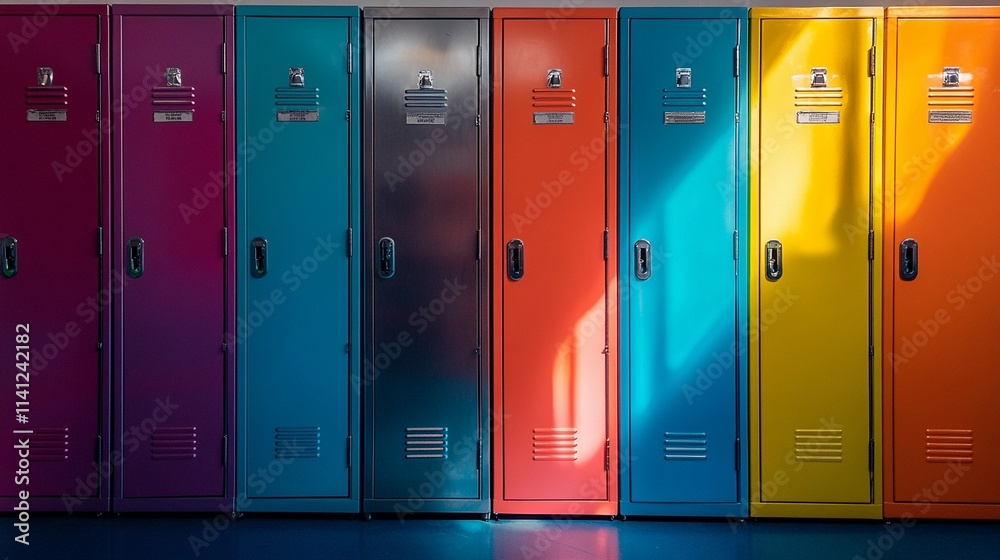 Symmetrical metal lockers lined up in a hallway, offering a simple and organized background for stock photos or visual designs Symmetrical metal lockers lined up in a hallway, offering a simple and organized background for stock photos or visual designs