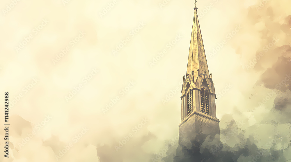 Fototapeta premium Skyward church spire biblical illustration christian aspiration and faith beige background copyspace. Spire. Illustration