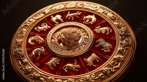 A view of the traditional Chinese zodiac wheel, intricate symbols of twelve animals arranged in a circle