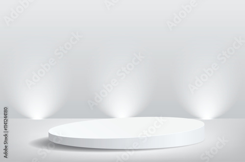 Abstract 3D empty white round podium and spotlight on white wall. Display realistic element geometric blank stage for product pedestal, cosmetic stand, showcase, exhibition, fashion stage. Vector 