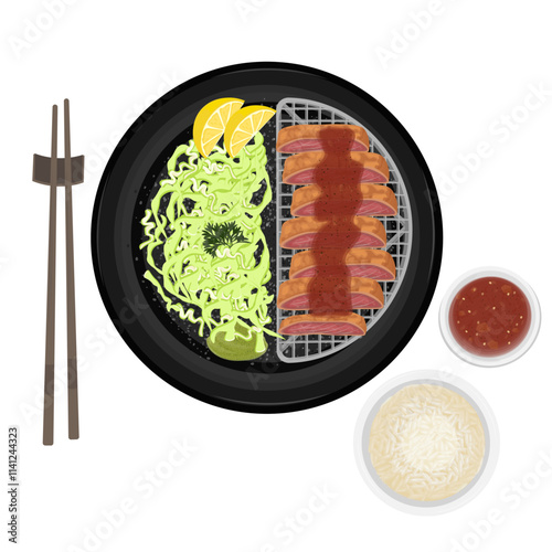 Vector Illustration Logo Clipart Top View Japanese beef tempura or gyukatsu gyu katsu with rice