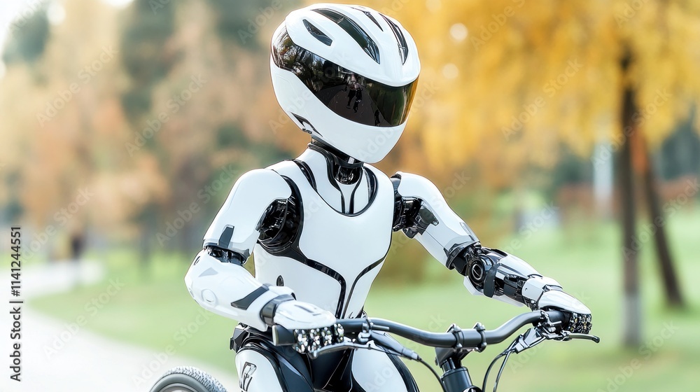 Fototapeta premium A humanoid robot riding a bicycle in a park setting.