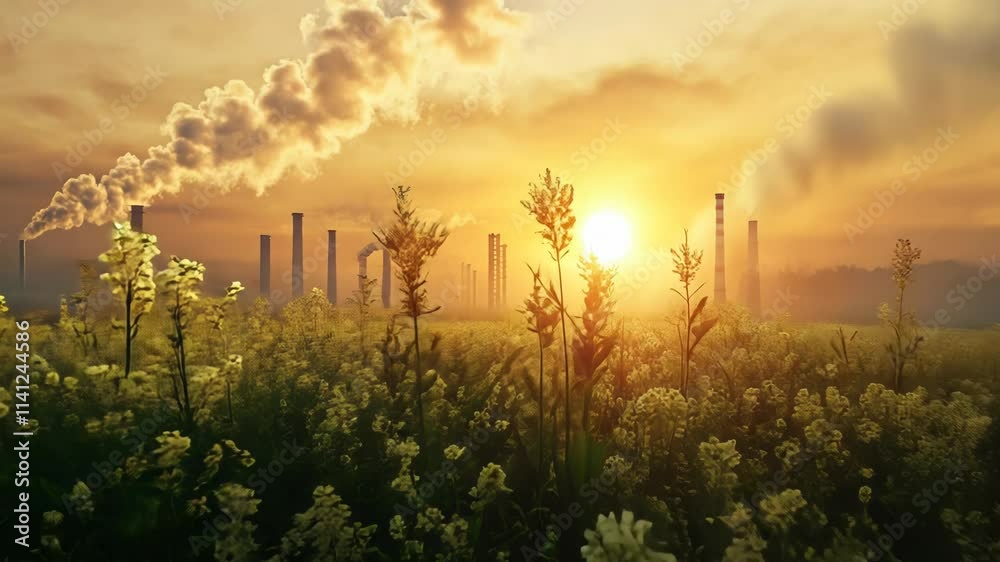 Sunset Over Polluted Field: Industrial Smog and Blooming Flowers Sunset Over Polluted Field: Industrial Smog and Blooming Flowers