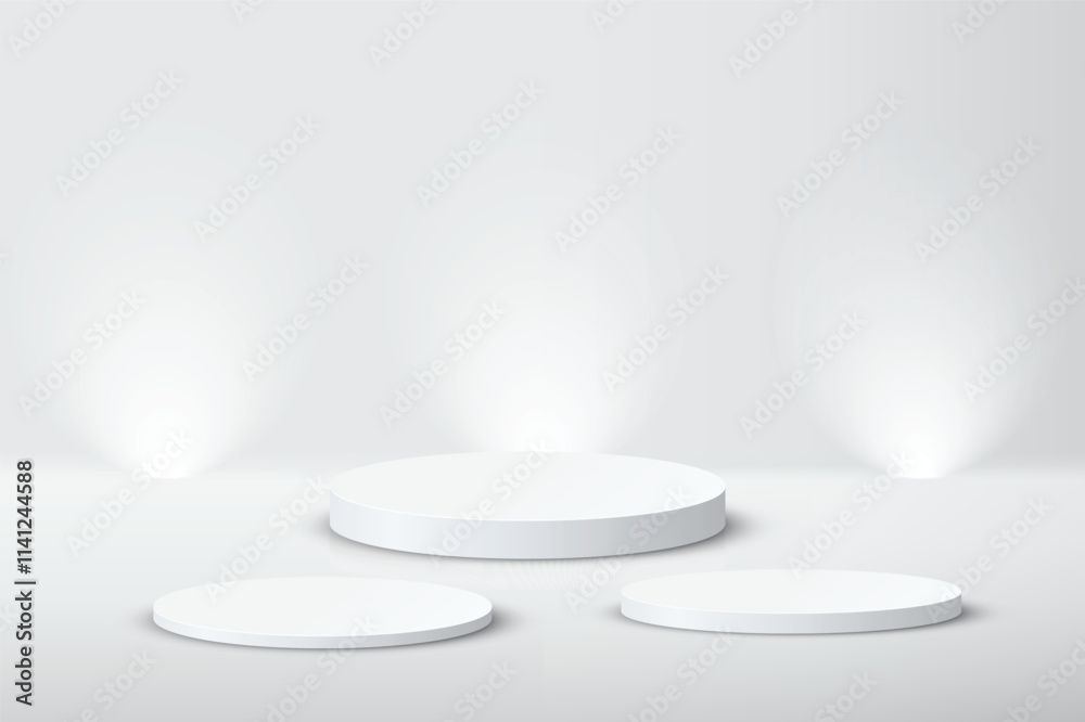 Abstract 3D empty white round podium and spotlight on white wall. Display realistic element geometric blank stage for product pedestal, cosmetic stand, showcase, exhibition, fashion stage. Vector
Abstract 3D empty white round podium and spotlight on white wall. Display realistic element geometric blank stage for product pedestal, cosmetic stand, showcase, exhibition, fashion stage. Vector