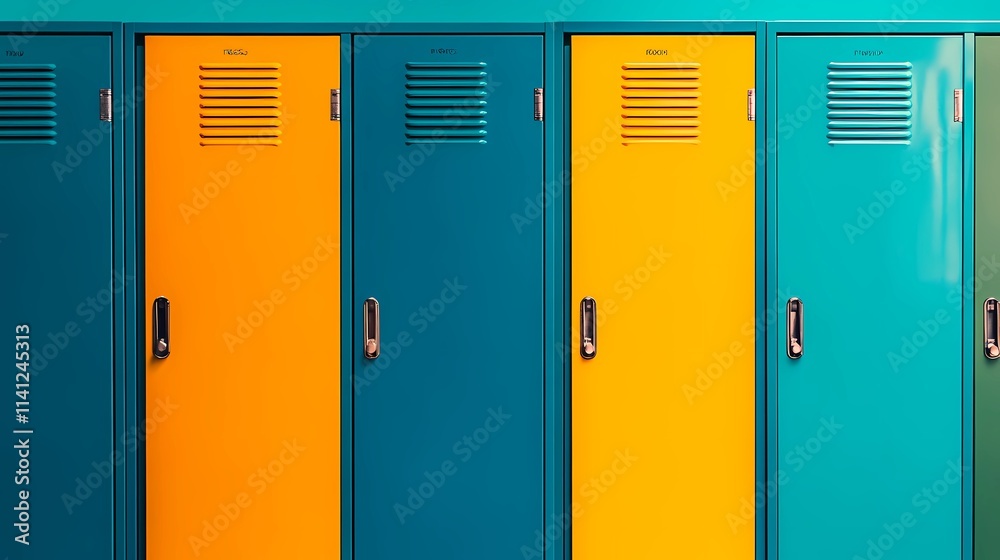 Close-up view of metal lockers in uniform rows, offering a minimalistic background for fitness, education, or secure storage content Close-up view of metal lockers in uniform rows, offering a minimalistic background for fitness, education, or secure storage content