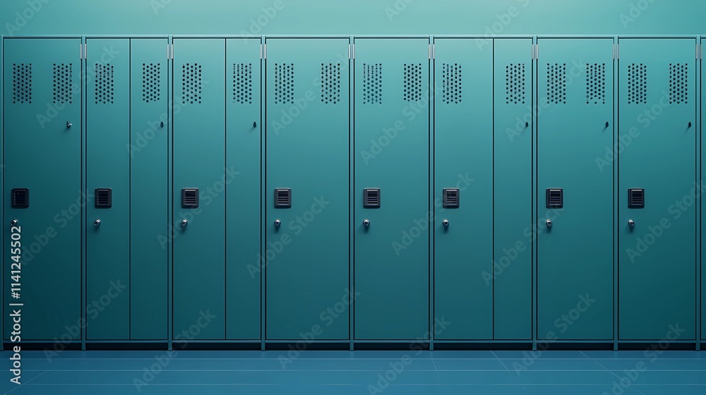 Empty hallway with rows of lockers, clean and professional stock image for storage-related concepts, gym visuals, or educational themes Empty hallway with rows of lockers, clean and professional stock image for storage-related concepts, gym visuals, or educational themes