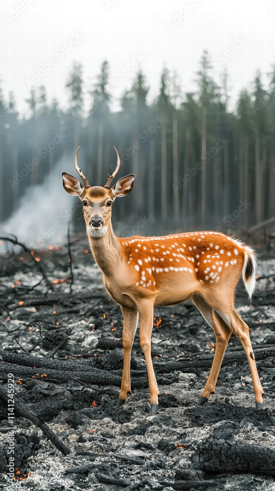 Climate change, wildlife crisis. A young deer stands amidst a misty, charred landscape with trees in the background. Climate change, wildlife crisis. A young deer stands amidst a misty, charred landscape with trees in the background.