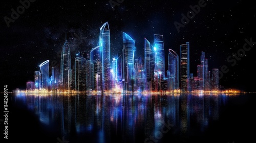 A vibrant city skyline illuminated at night, reflecting on water with futuristic architecture.
