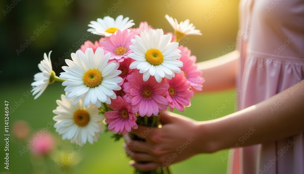 Woman Holding Pink and White Daisy Bouquet in Sunset Light Woman Holding Pink and White Daisy Bouquet in Sunset Light